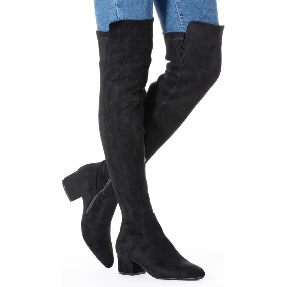 Women Black\2inch Suede Over the Knee Thigh High Chunky Block Heel Winter Boots